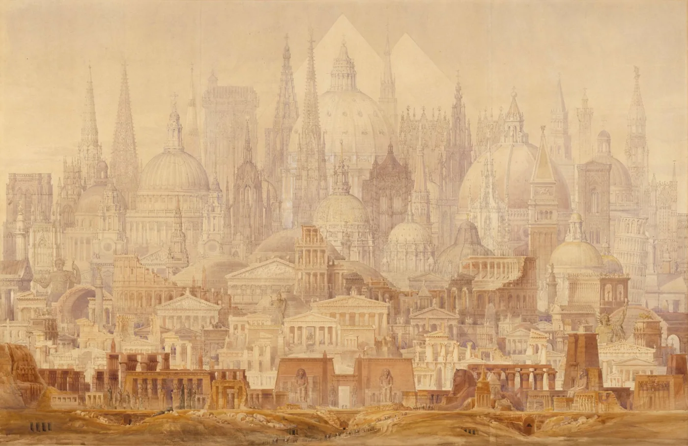 Des centaines d’édifices s’empilent en une seule ville imaginaire : temples égyptiens au premier plan, puis frontons, coupoles, flèches gothiques et campaniles.