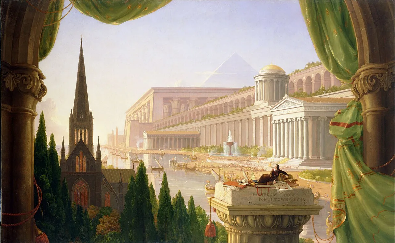 Entre deux rideaux, un homme allongé au sommet d'une colonne regarde un paysage où se côtoient une église gothique, des temples à colonnes, un aqueduc et une pyramide au bord de l'eau.