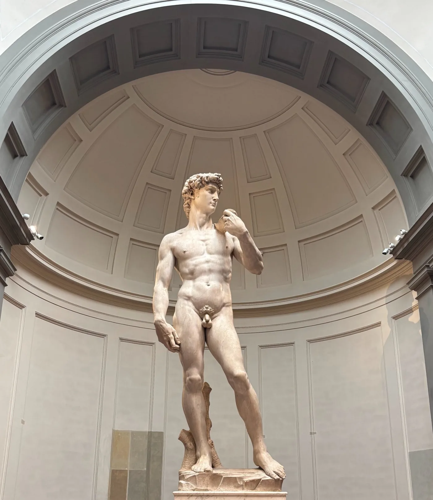 La statue sur son haut piédestal, au centre d’une abside à caissons éclairée d’en haut.