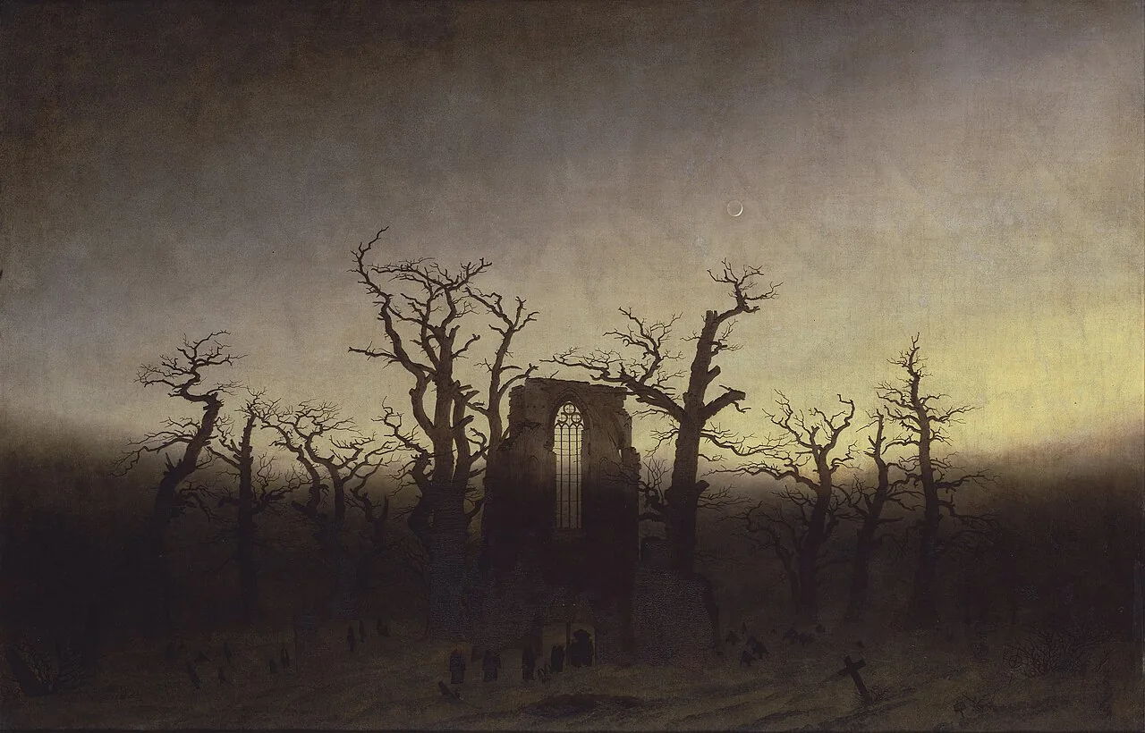 Des chênes sans feuilles entourent un pan d'église gothique ; de petites silhouettes accompagnent un cercueil au milieu de tombes sombres.