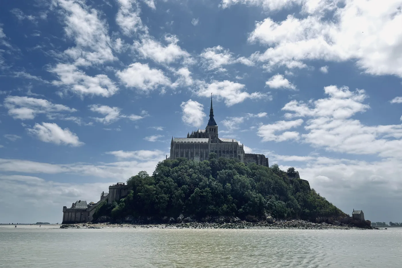 Le rocher du Mont-Saint-Michel, boisé sur un flanc, porte l'abbaye et sa flèche sous un ciel nuageux ; l'eau de la baie l'entoure au premier plan.
